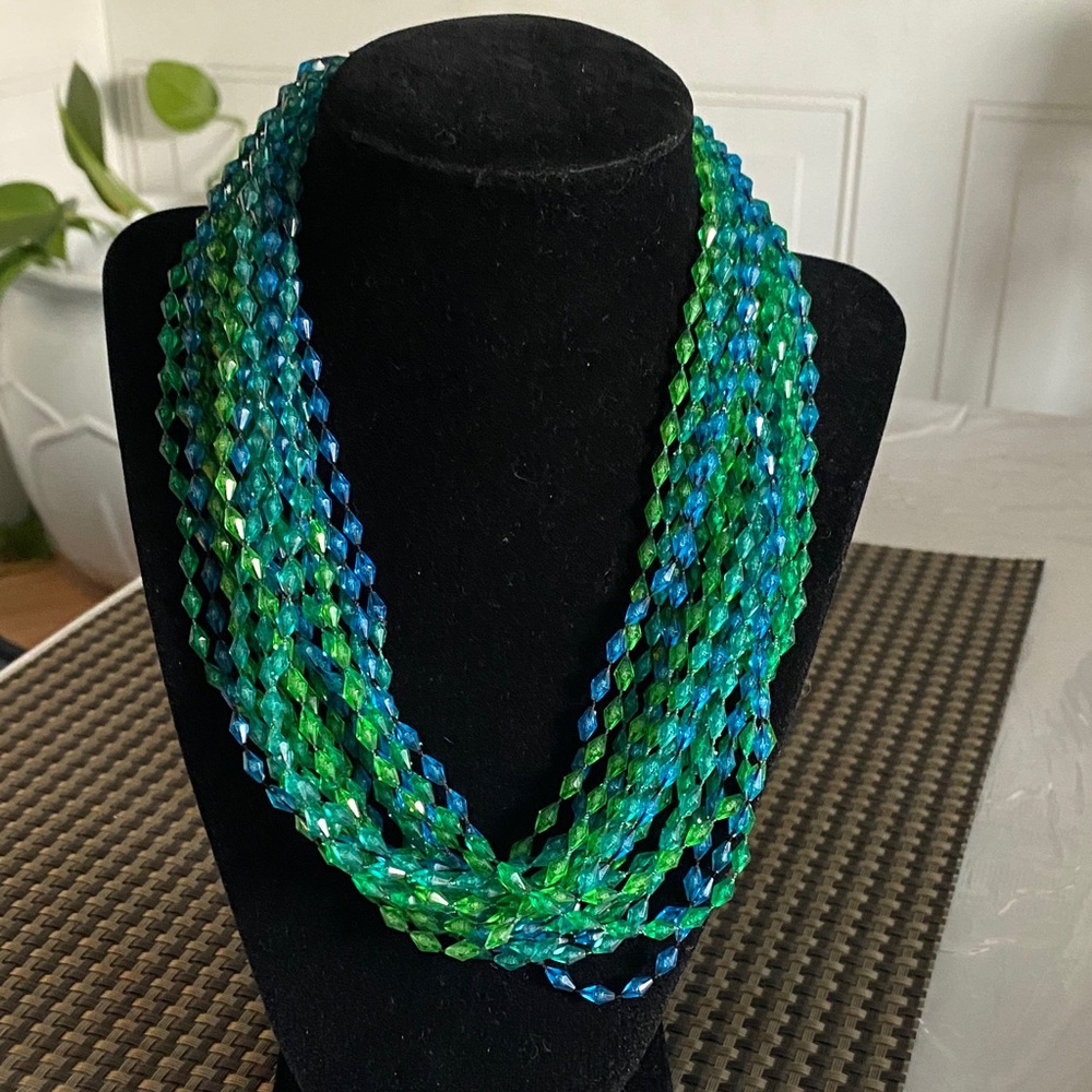 Acrylic Multi-Strand Blue & Green Faceted Bead Necklace - Women Jewelry